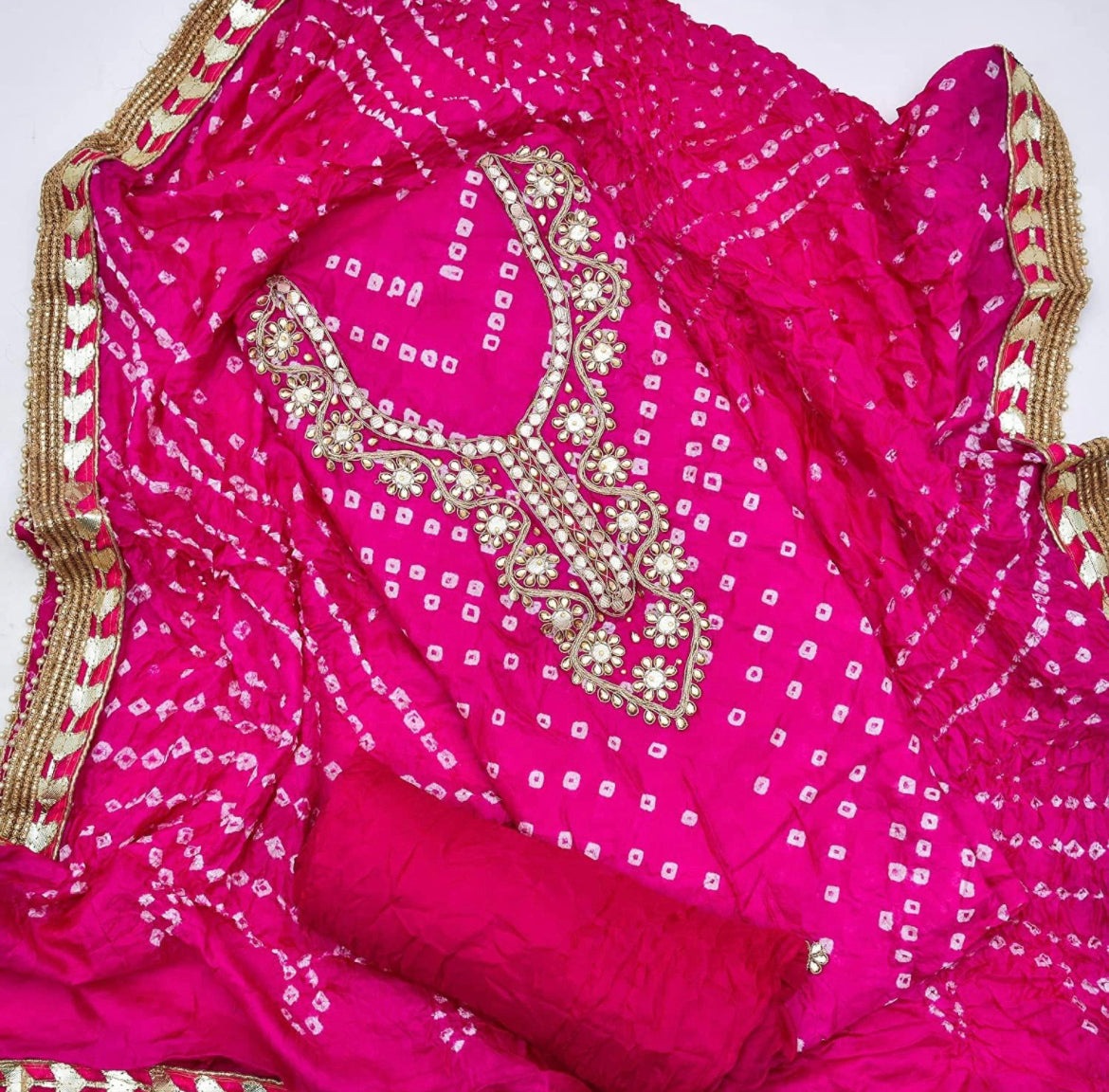 Ethenika Neck work Gota Patti Jaipuri Bandhani Material (Unstitched) - Premium  from Ethenika.com - Just INR 1990! Shop now at Ethenika.com