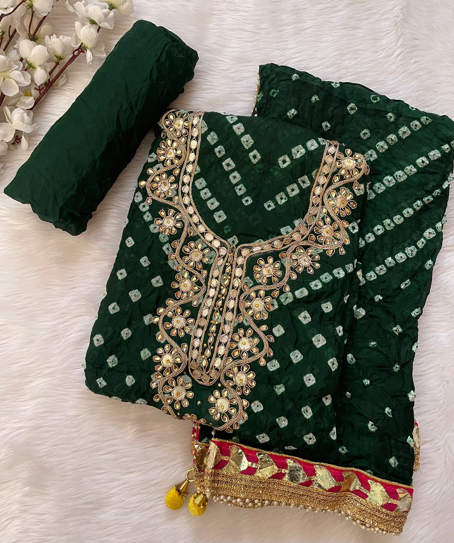 Silk Fabric Neck work with Fumka Work Dupatta Bandhani Dress Material ( Unstitched) - Premium from Ethenika.com - Just INR 2190! Shop now at Ethenika.com