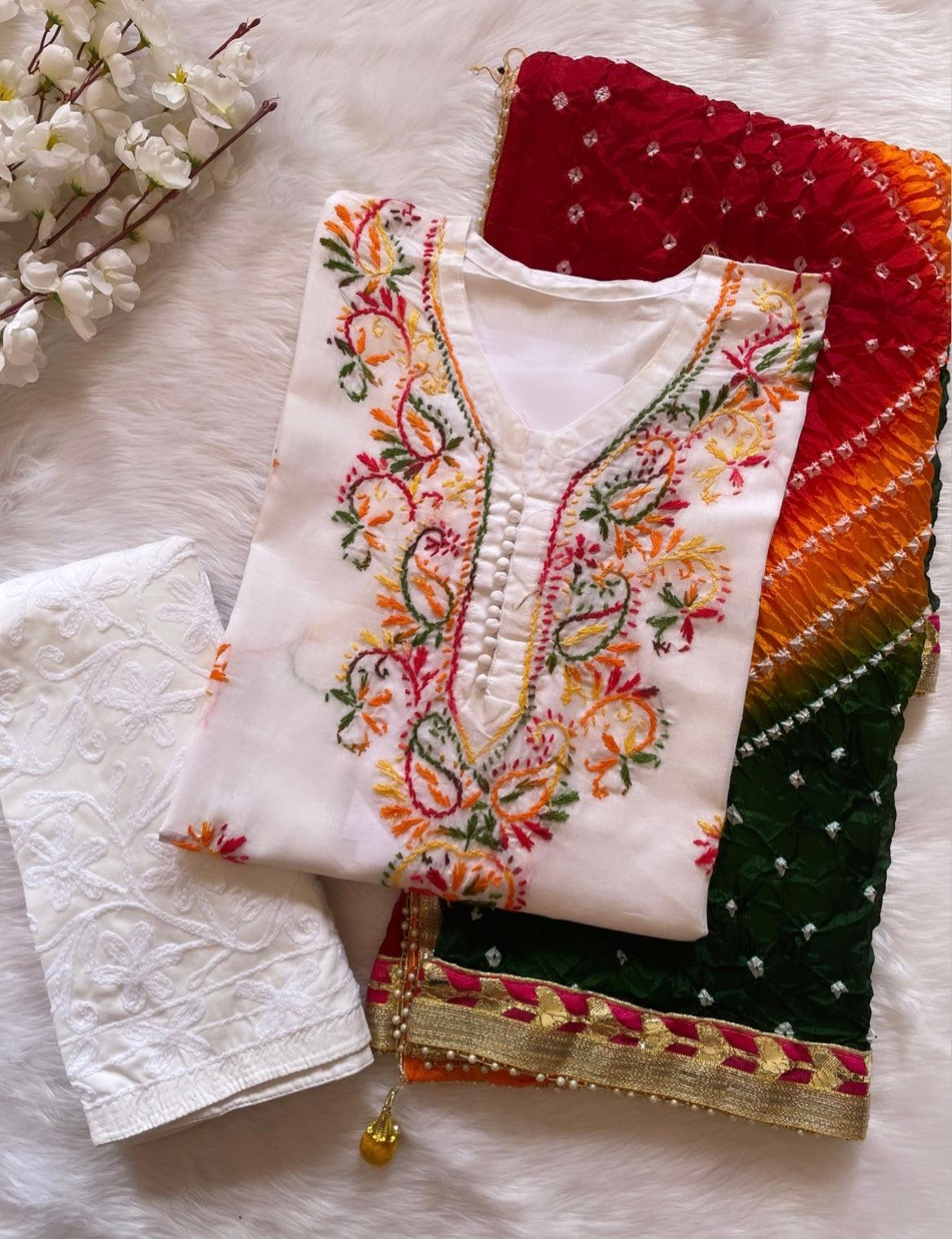 Soft Cotton Kadhai work Kurta with Phulkari Dupatta & Chikankari Palazo Set Ethenika.com