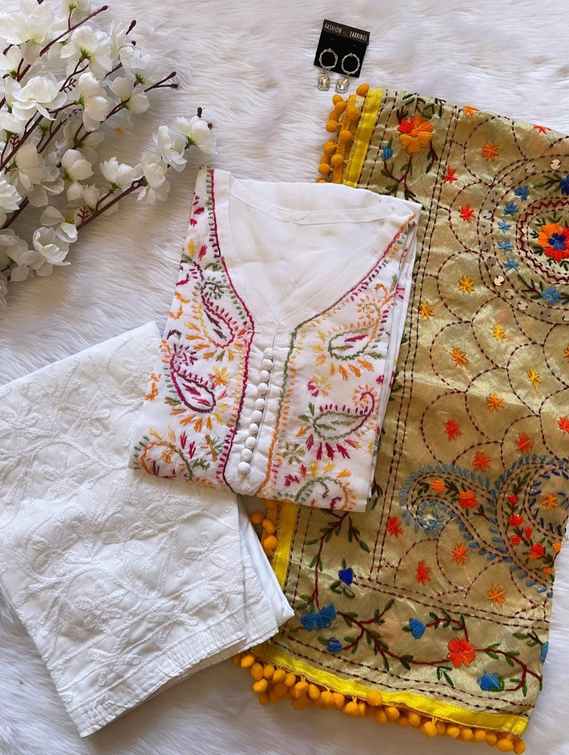 Soft Cotton Kadhai work Kurta with Phulkari Dupatta & Chikankari Palazo Set Ethenika.com