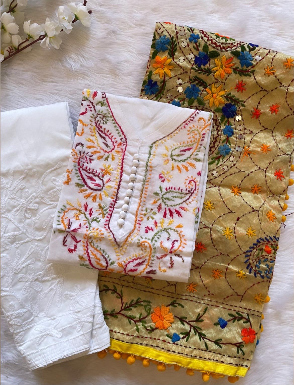 Soft Cotton Kadhai work Kurta with Phulkari Dupatta & Chikankari Palazo Set Ethenika.com