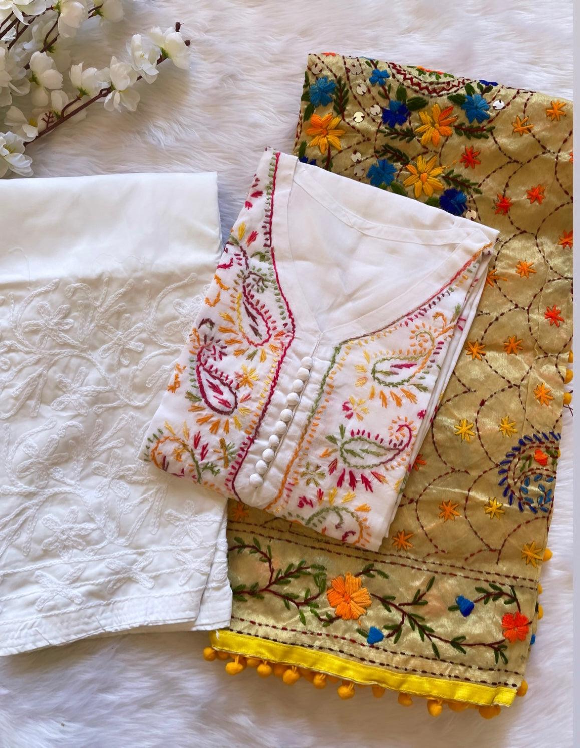 Soft Cotton Kadhai work Kurta with Phulkari Dupatta & Chikankari Palazo Set Ethenika.com