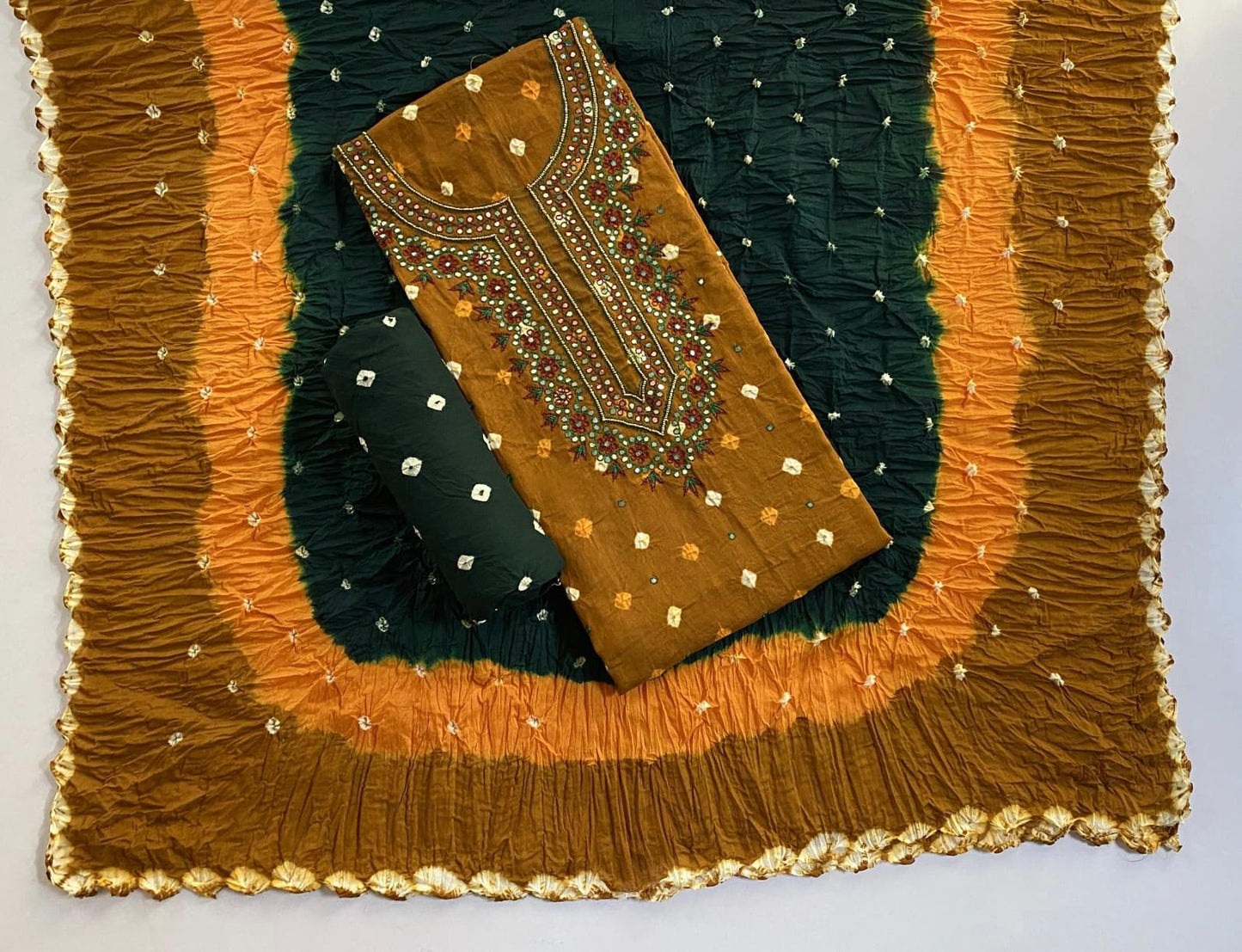 Cotton Satin Neckline Mirror Thread work Bandhani Dress Material (Unstitched) Ethenika.com