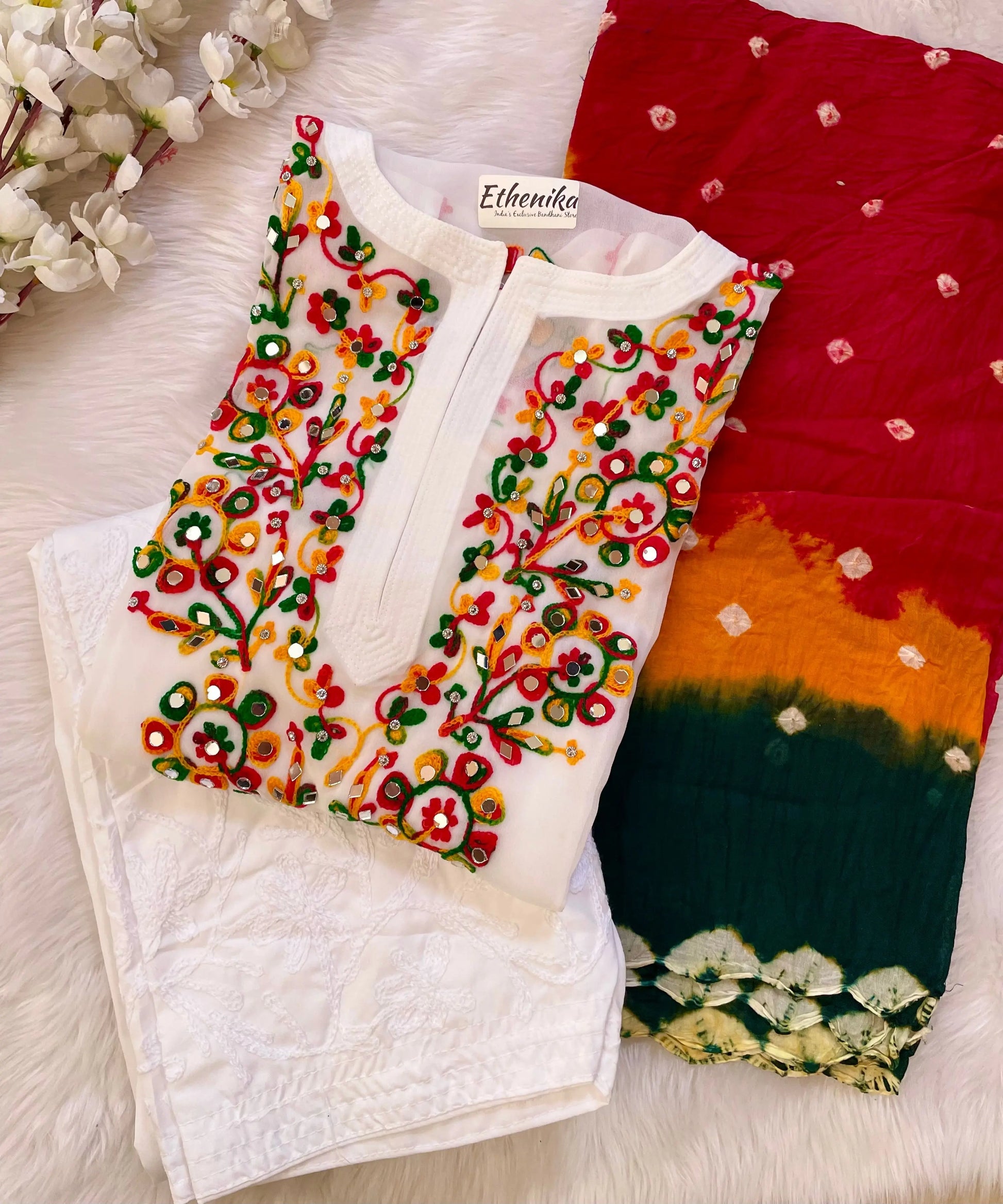Cotton Thread Embroidery with Mirror Work Kurti Pant Dupatta Set - Premium  from Ethenika.com - Just INR 2190! Shop now at Ethenika.com