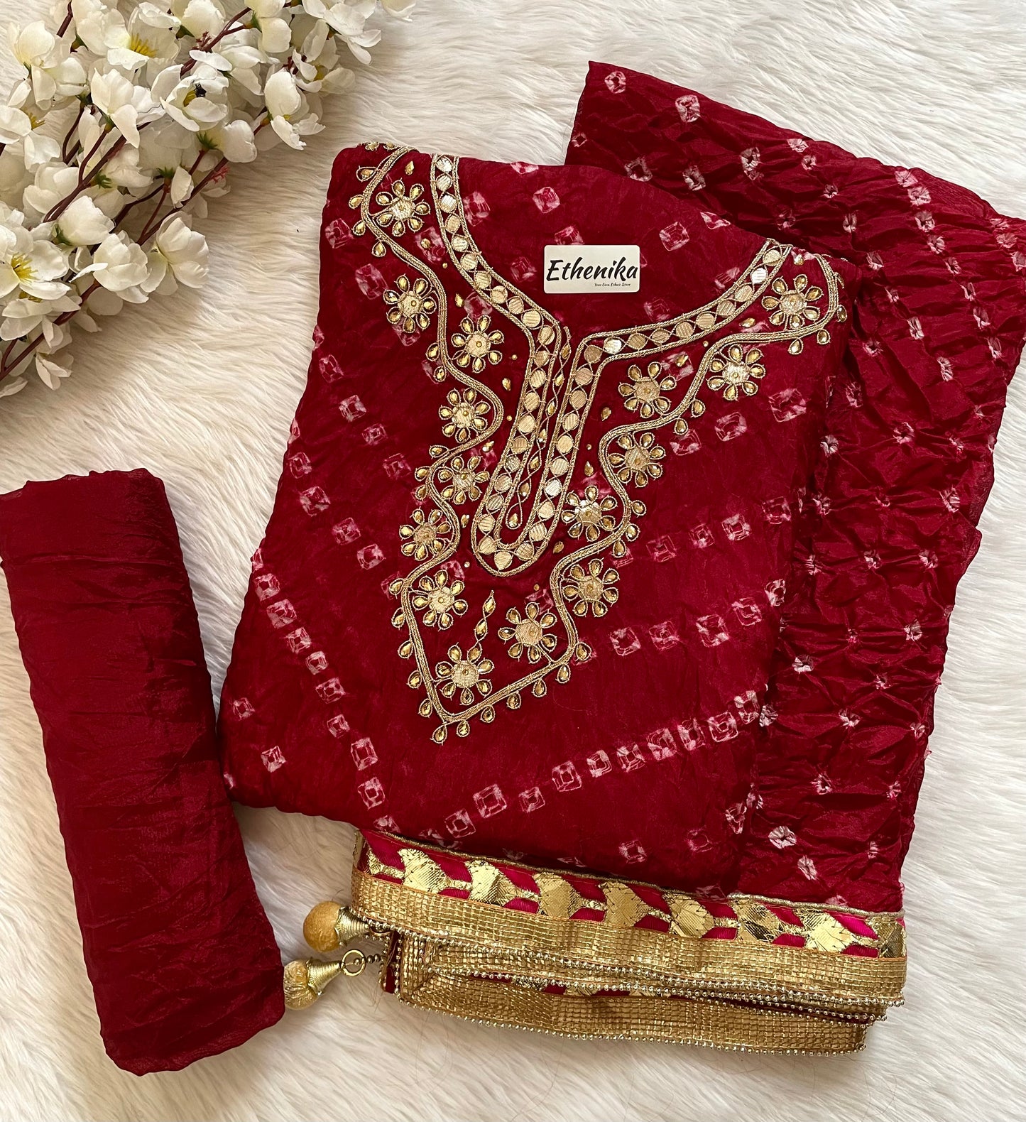 Art Silk Neck work with Fumka Work Dupatta Bandhani Dress Material ( Unstitched) - Premium from Ethenika.com - Just INR 2190! Shop now at Ethenika.com