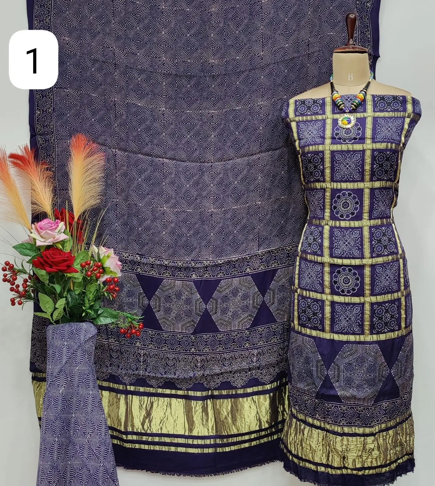 Fine Modal Silk Chex Authentic Hand work Ajrakh Dress Material - Premium from Ethenika.com - Just INR 5990! Shop now at Ethenika.com