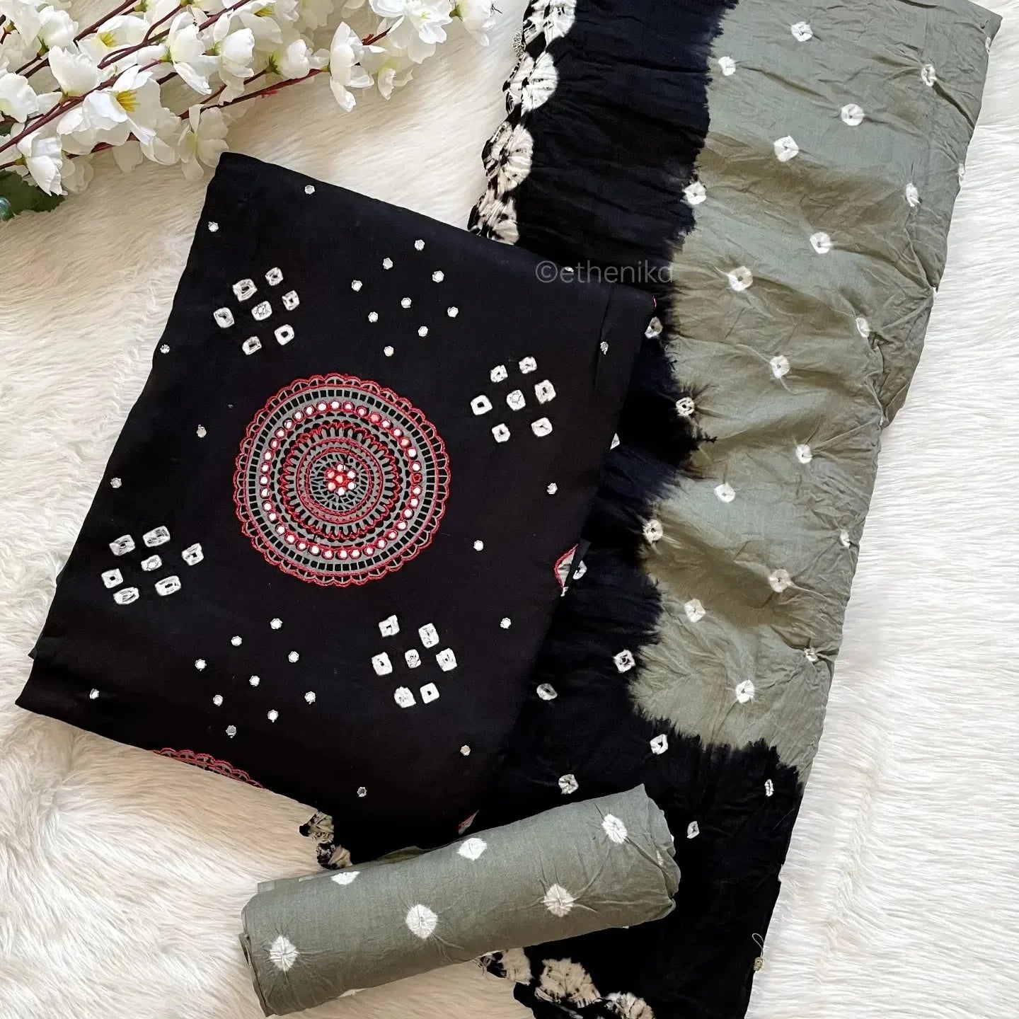 Cotton Mirro Thread work Contrast Bandhani Material (Unstitched) - Premium  from Ethenika.com - Just INR 1590! Shop now at Ethenika.com