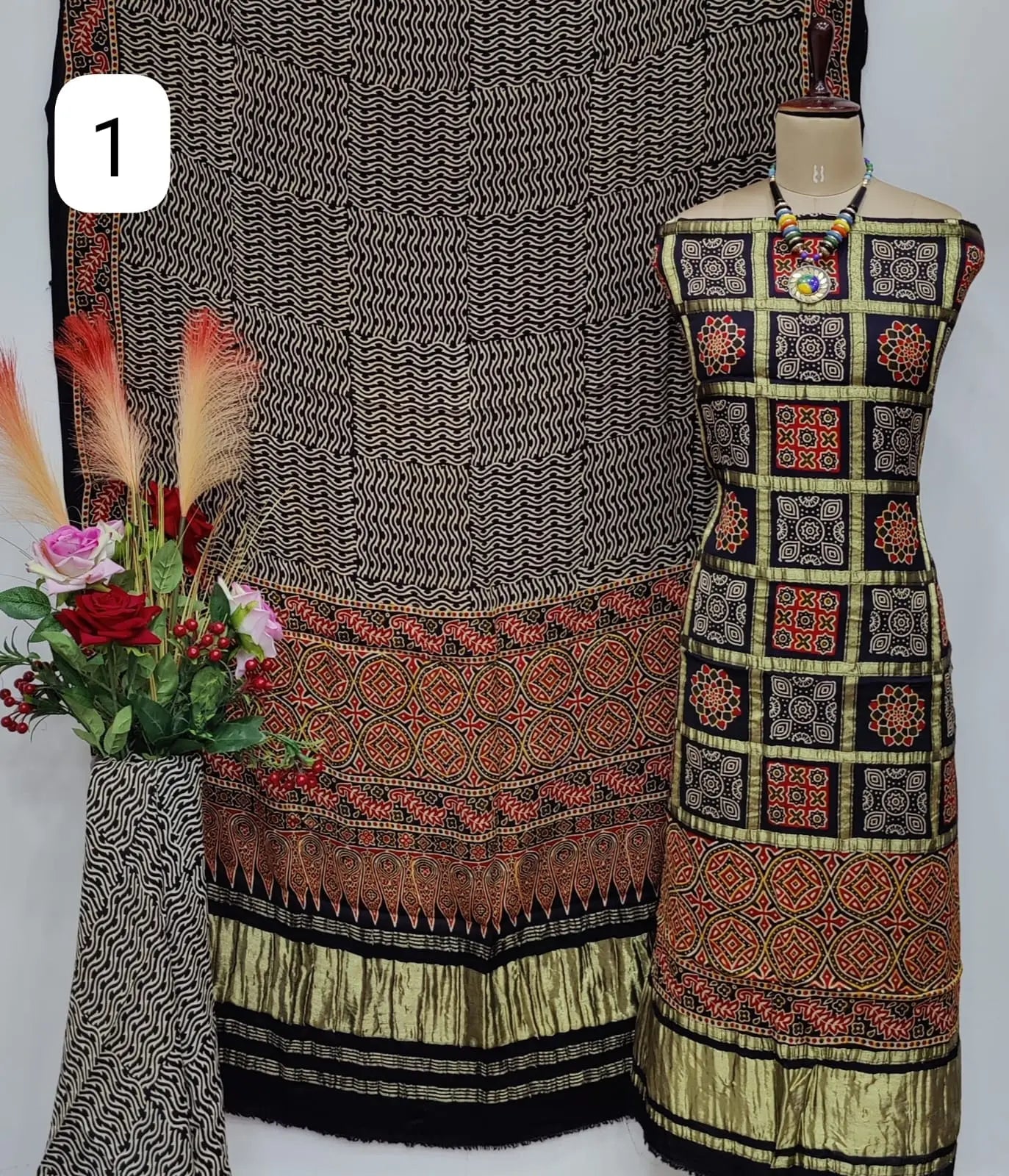Fine Modal Silk Chex Authentic Hand work Ajrakh Dress Material - Premium from Ethenika.com - Just INR 5990! Shop now at Ethenika.com