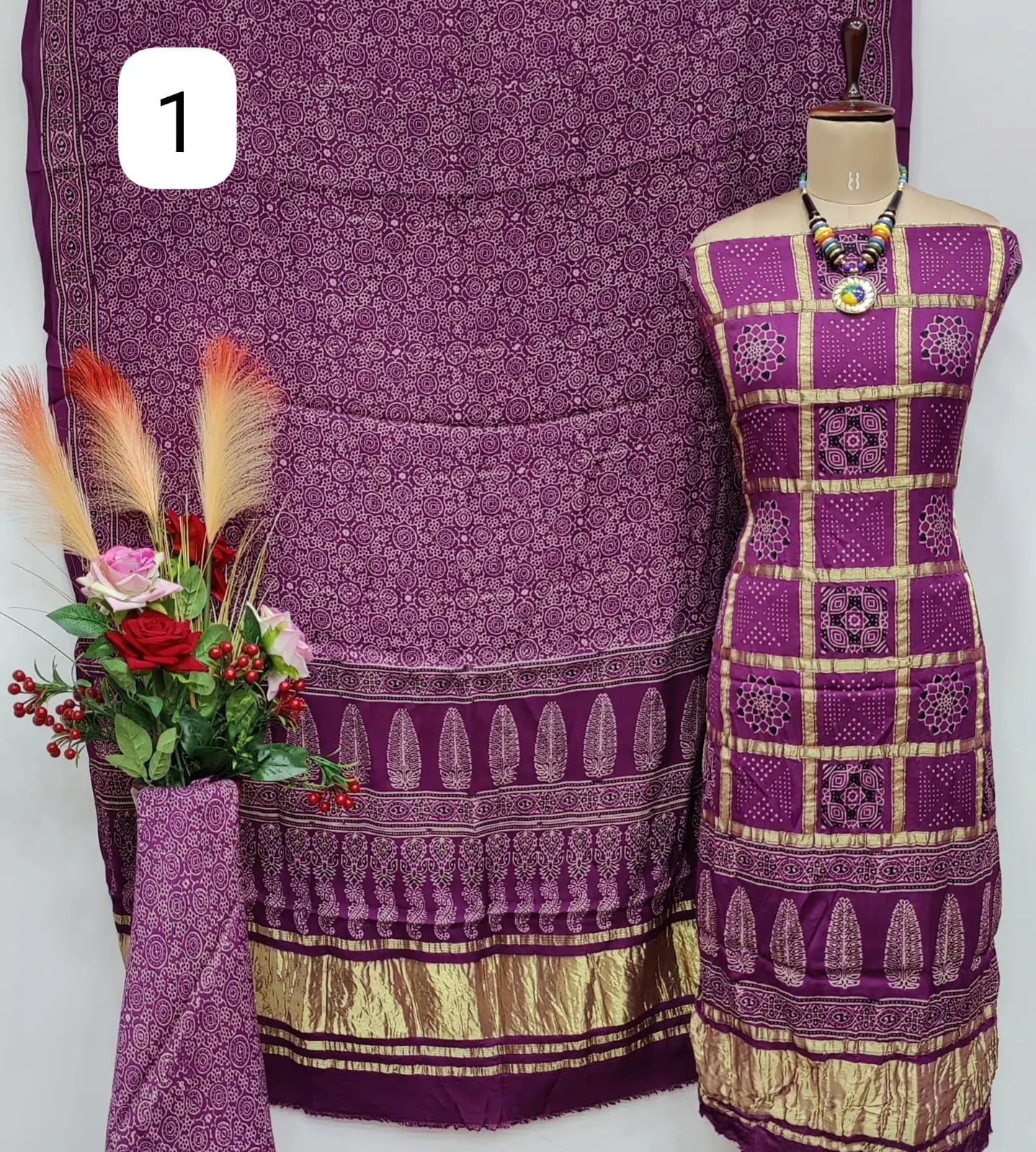 Fine Modal Silk Chex Authentic Hand work Ajrakh Dress Material - Premium from Ethenika.com - Just INR 5990! Shop now at Ethenika.com