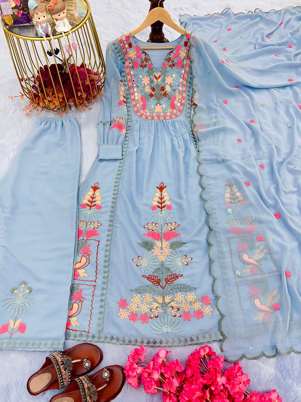 Faux Georgette Heavy Embroidery work Kurti Dupatta Pant Set - Premium from Ethenika.com - Just INR 2499! Shop now at Ethenika.com