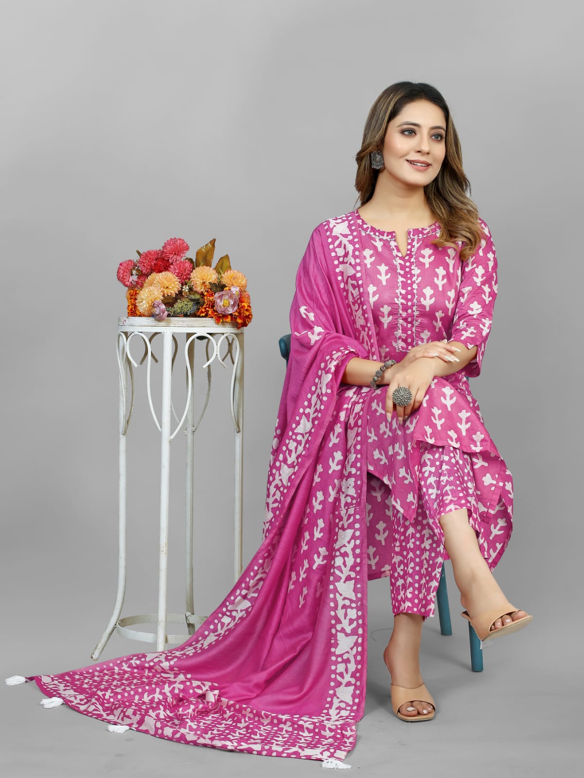 Hand Blocked Batik Kurti Pant Dupatta Set (Stitched) - Premium from Ethenika.com - Just INR 1790! Shop now at Ethenika.com