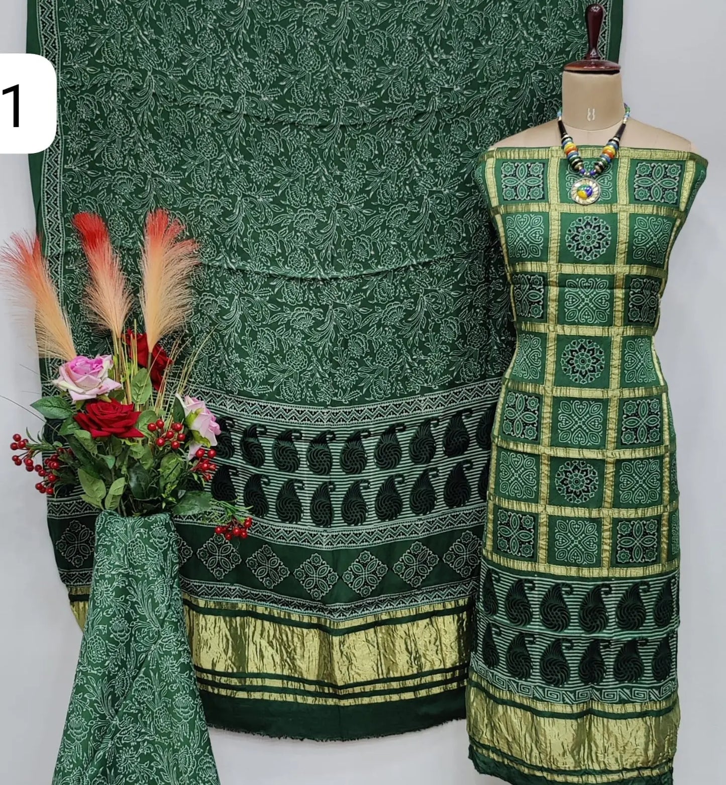 Fine Modal Silk Chex Authentic Hand work Ajrakh Dress Material - Premium from Ethenika.com - Just INR 5990! Shop now at Ethenika.com