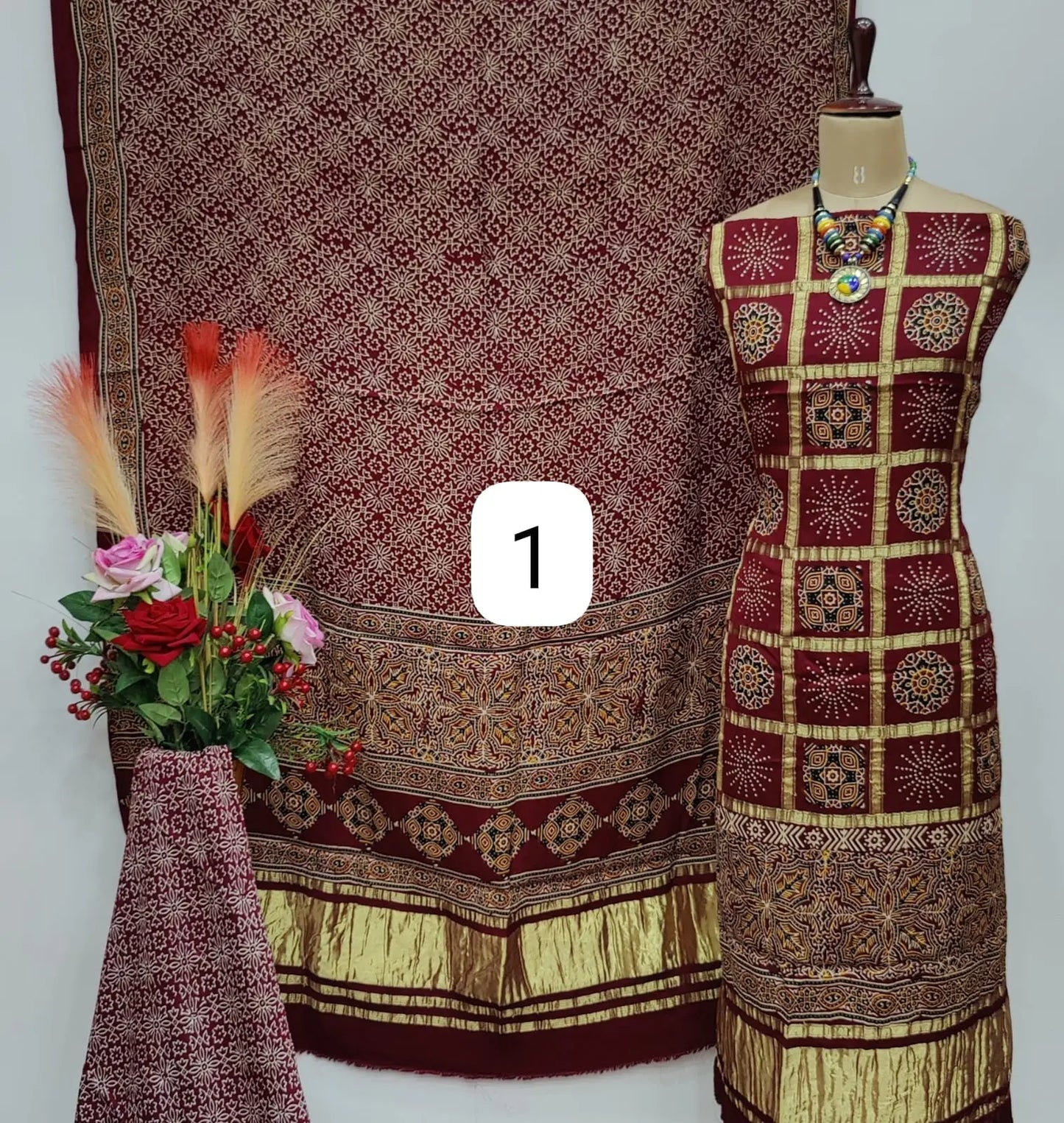 Fine Modal Silk Chex Authentic Hand work Ajrakh Dress Material - Premium from Ethenika.com - Just INR 5990! Shop now at Ethenika.com