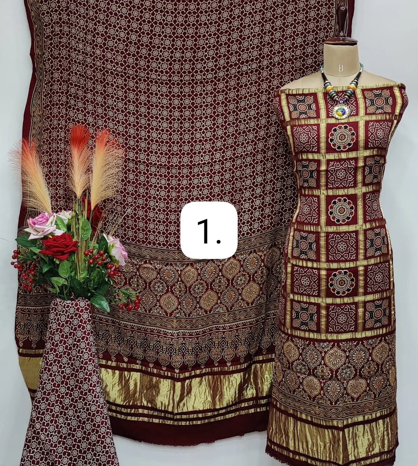 Fine Modal Silk Chex Authentic Hand work Ajrakh Dress Material - Premium from Ethenika.com - Just INR 5990! Shop now at Ethenika.com
