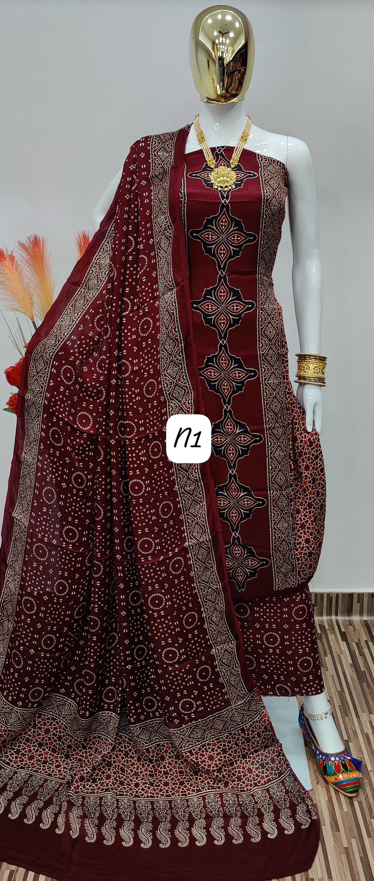 Original silk Hand Crafted Ajrakh Dress Material - Premium  from Ethenika.com - Just INR 3990! Shop now at Ethenika.com