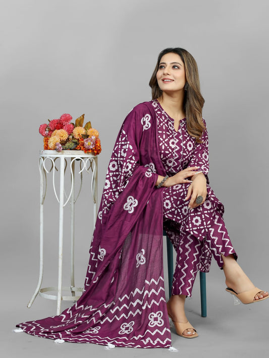 Hand Blocked Batik  Kurti Pant Dupatta Set (Stitched) - Premium  from Ethenika.com - Just INR 1790! Shop now at Ethenika.com