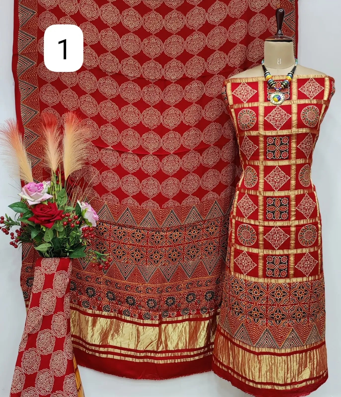 Fine Modal Silk Chex Authentic Hand work Ajrakh Dress Material - Premium from Ethenika.com - Just INR 5990! Shop now at Ethenika.com