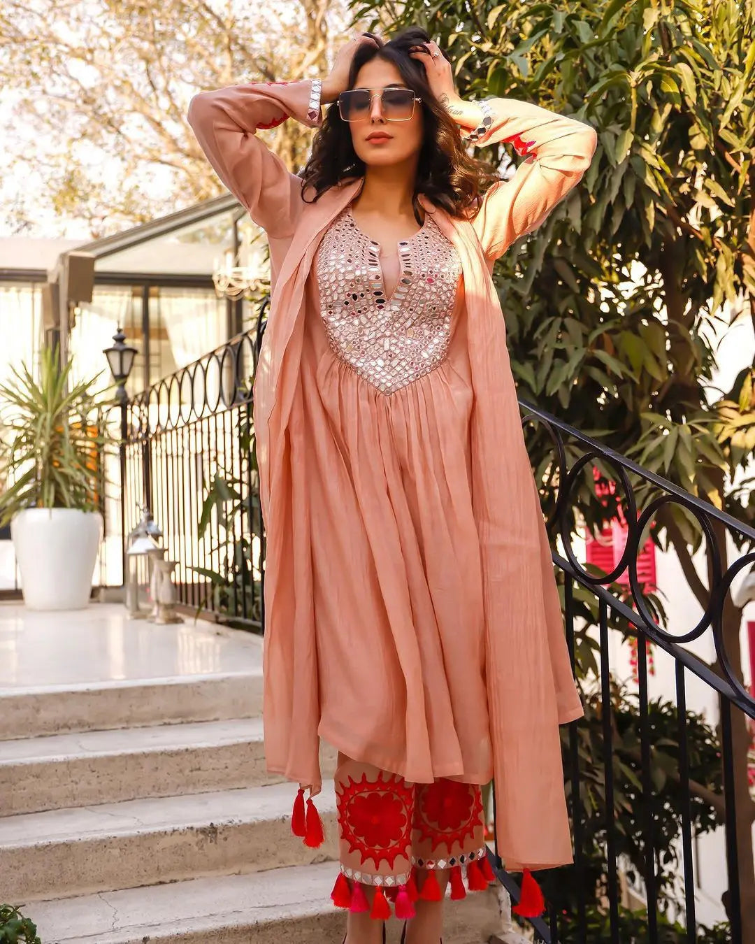 Faux Georgette Mirror Thread Latkan work Kurti Pant Dupatta Set - Premium from Ethenika.com - Just INR 2490! Shop now at Ethenika.com