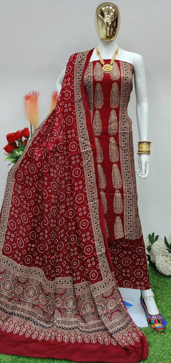 Original silk Hand Crafted Ajrakh Dress Material - Premium  from Ethenika.com - Just INR 3990! Shop now at Ethenika.com