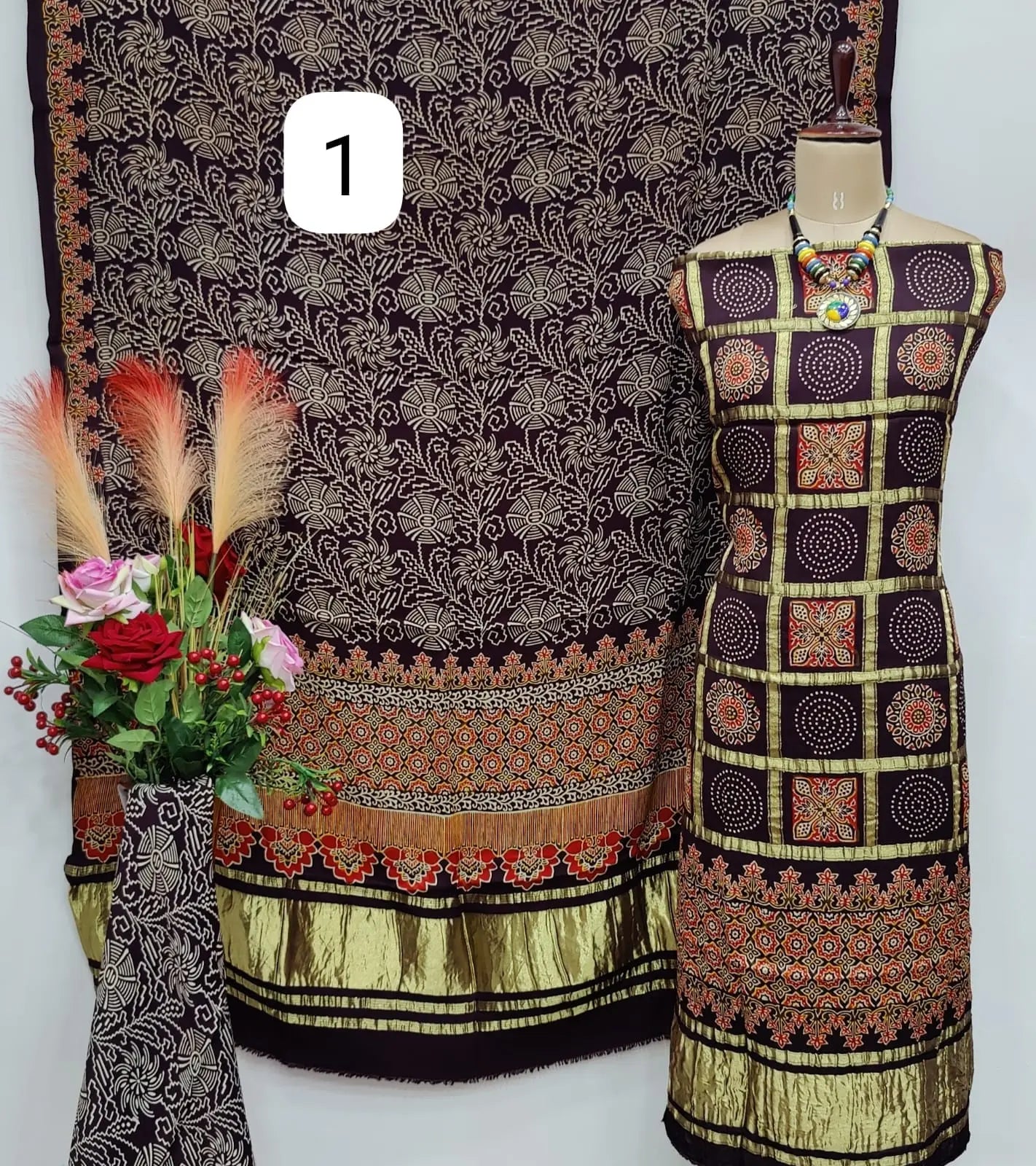 Fine Modal Silk Chex Authentic Hand work Ajrakh Dress Material - Premium from Ethenika.com - Just INR 5990! Shop now at Ethenika.com
