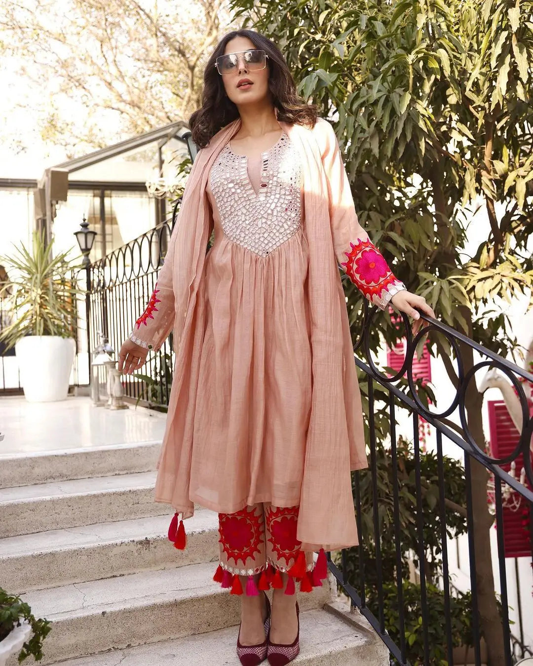 Faux Georgette Mirror Thread Latkan work Kurti Pant Dupatta Set - Premium from Ethenika.com - Just INR 2490! Shop now at Ethenika.com