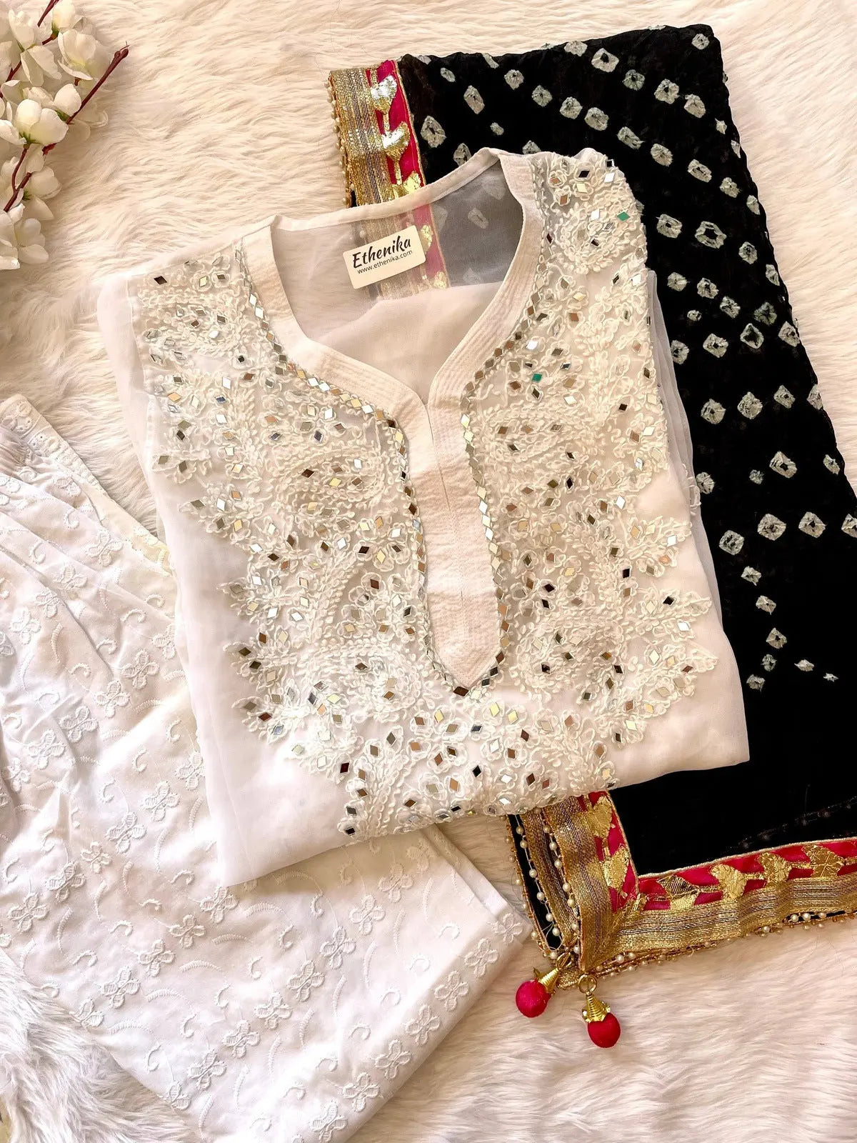 Real Mirror Work Chikankari Kurti with Pant and Bandhani Work Dupatta Set (Stitched) - Premium from Ethenika.com - Just INR 2190! Shop now at Ethenika.com
