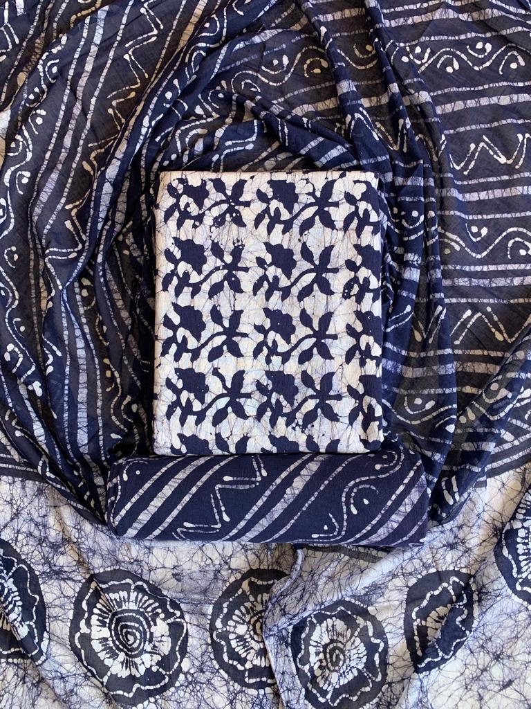 Cotton Hand Blocked Wax Batik Dress Material (Unstitched) Ethenika.com