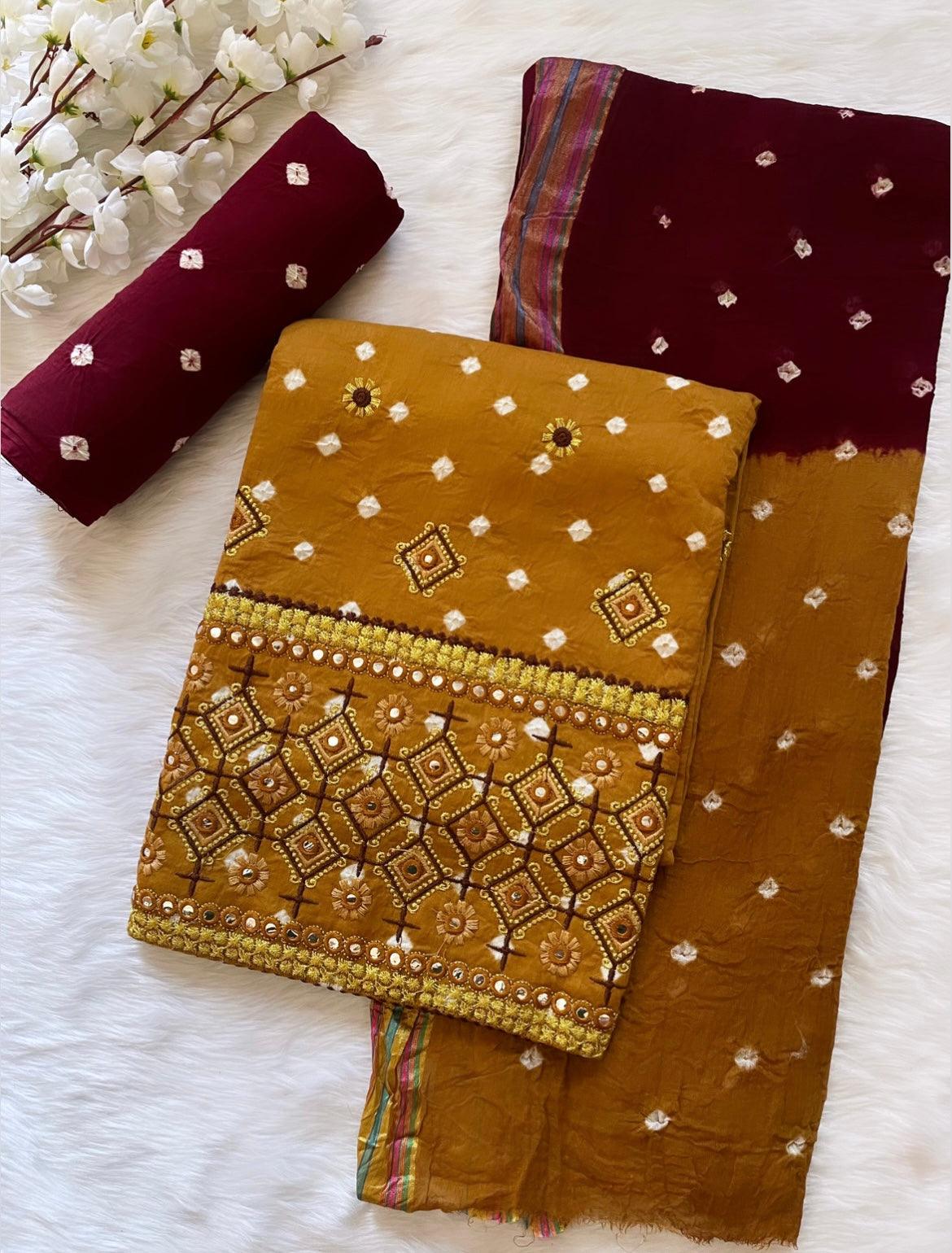 Cotton Foil Mirror Hand Zari Embroidery Bandhani (Unstitched) Ethenika.com