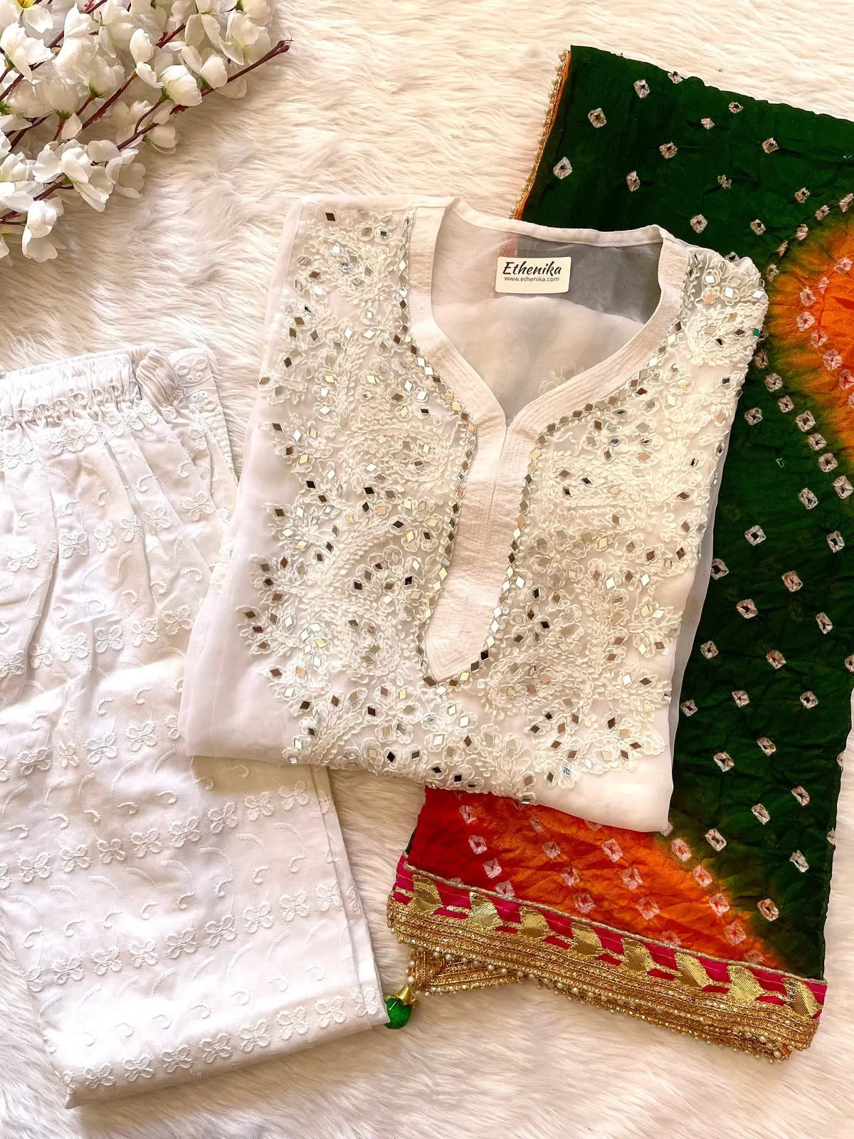 Real Mirror Work Chikankari Kurti with Pant and Bandhani Work Dupatta Set (Stitched) - Premium from Ethenika.com - Just INR 2190! Shop now at Ethenika.com