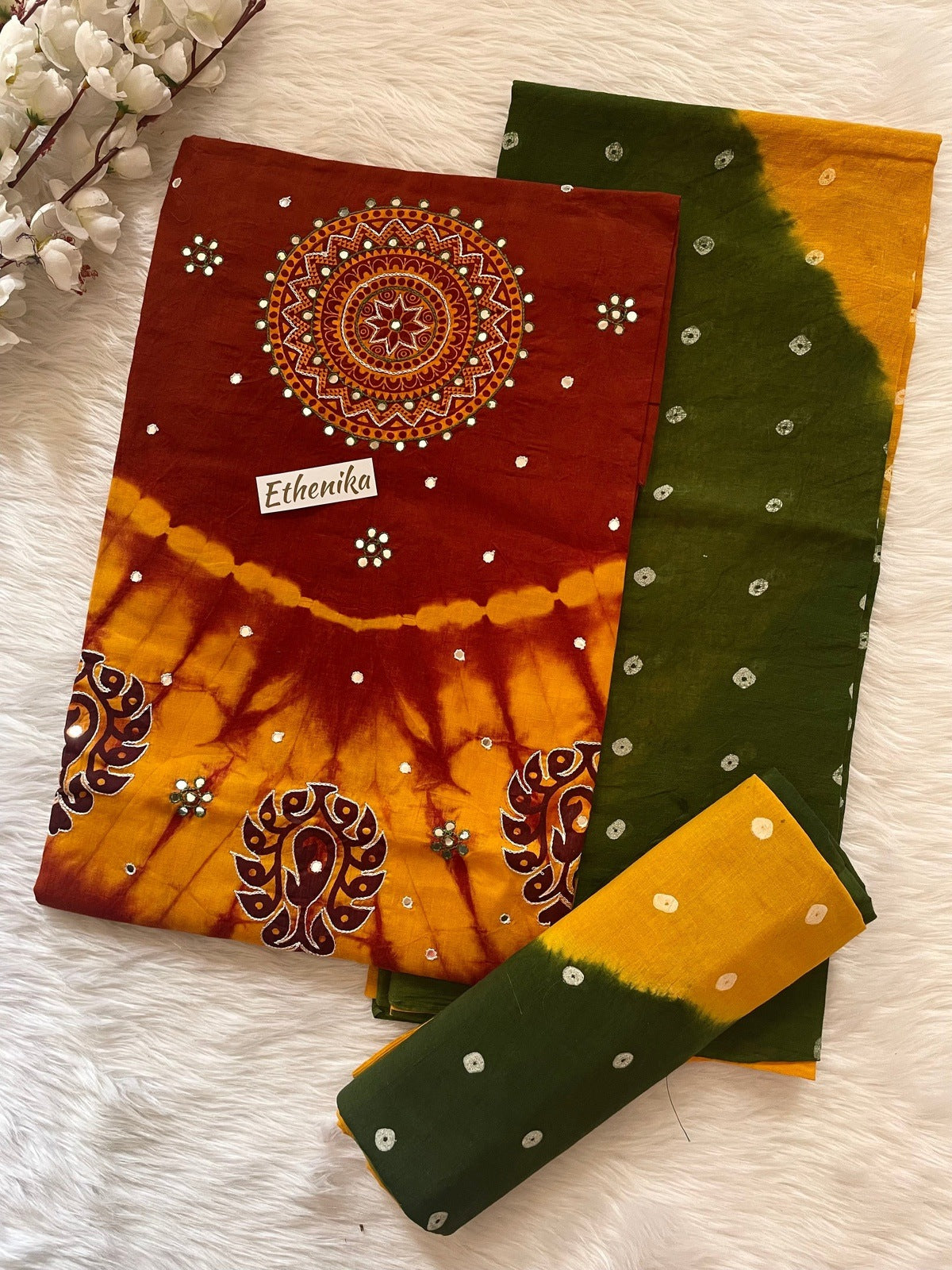 Cotton Resham Thread amd Mirror work Bandhani Material (Unstitched) - Premium  from Ethenika.com - Just INR 1690! Shop now at Ethenika.com