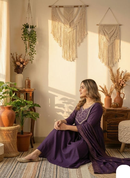 Chanderi Silk Neck Embroidery Work Flair Kurta Pant Dupatta Set (Ready to Wear)