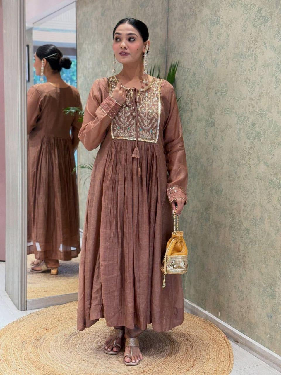 Mal Chanderi Flair Work Kurti Pant Dupatta Set (Ready to Wear)