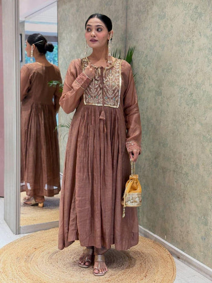 Mal Chanderi Flair Work Kurti Pant Dupatta Set (Ready to Wear)