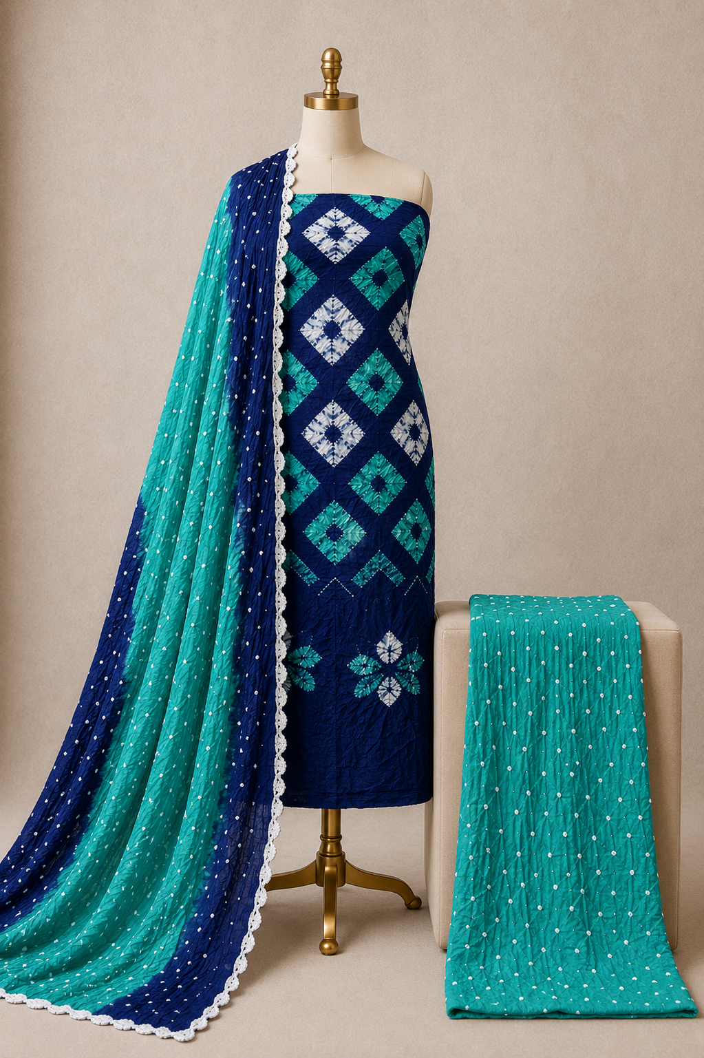 Cotton Shibori Bandhani Authentic Kutch Work 3Pc Unstitched Dress Material