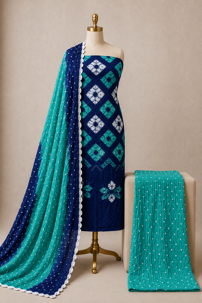 Cotton Shibori Bandhani Authentic Kutch Work 3Pc Unstitched Dress Material