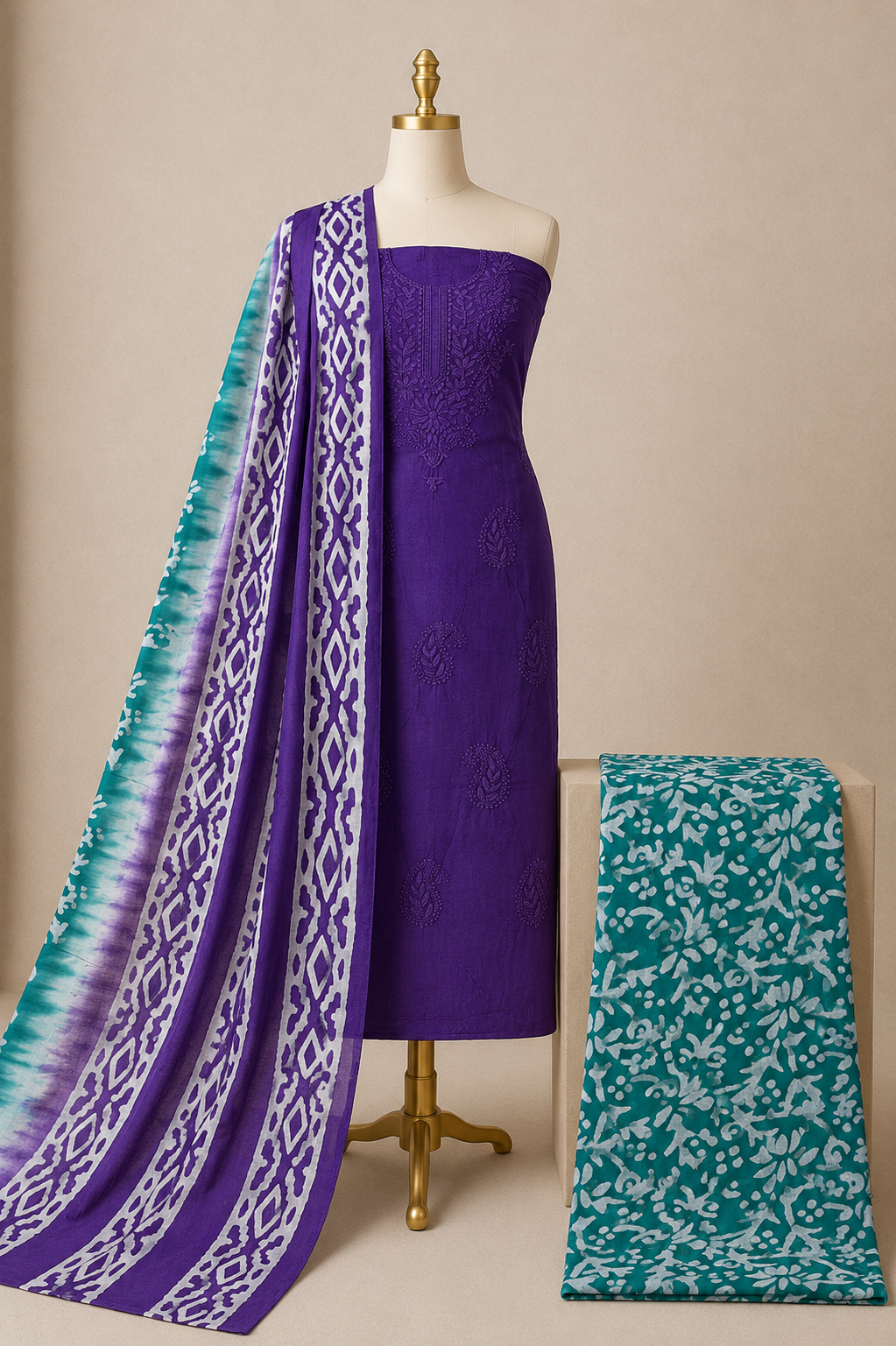 Soft Cotton Lakhnavi Thread Work 3Pc Unstitched Batik Dress Material