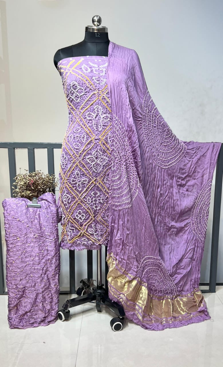 Modal Silk Original Kutch Hand Crafted Barik Bandhej Work Silk Bandhani Dress Material (Unstitched)