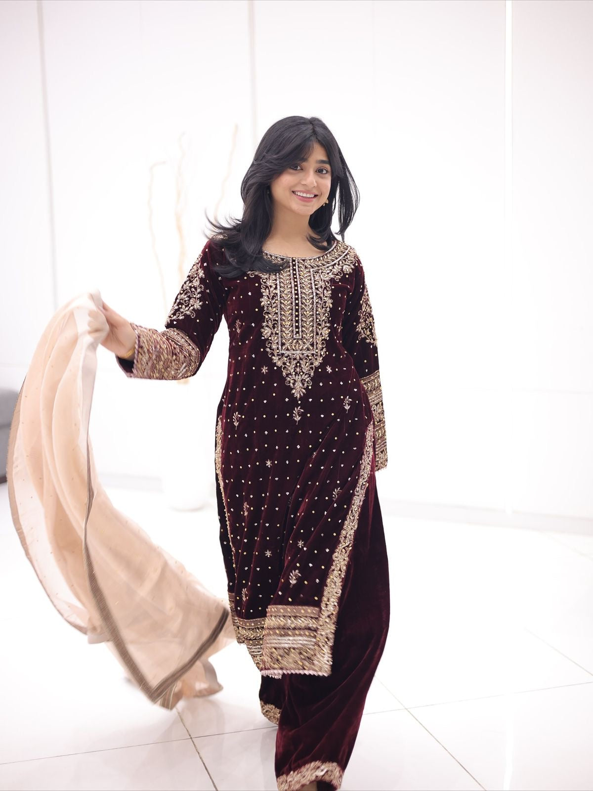 Real Moti Work with Sequence Embroidery Designer Velvet Kurti Pant Dupatta Set (Ready to Wear)