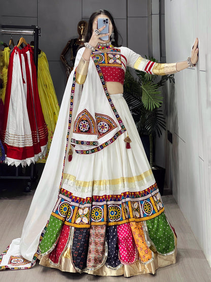 Pure Rayon Cotton Multi Kutchi Design White Concept 6M Flair Navratri Garba Chaniya Choli (Ready to Wear)