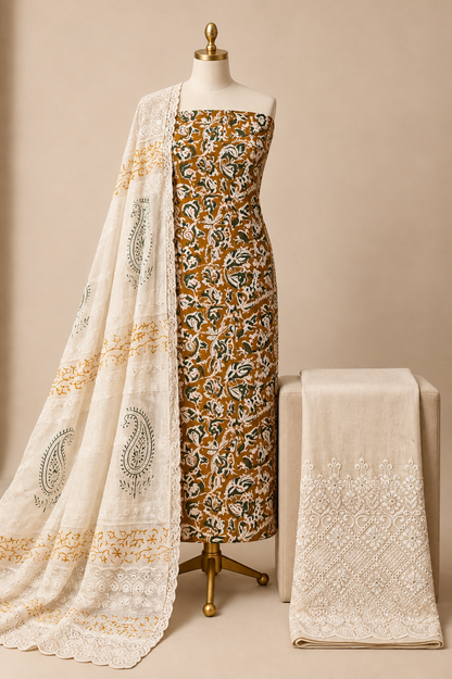 Soft Cotton Hand Block Ajrakh with Chikan Work Unstitched Dress Material
