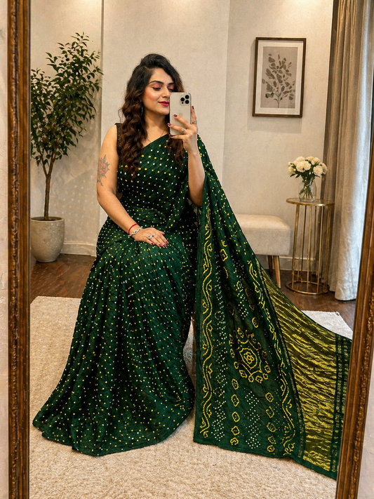 Ethenika Silk Bandhani Saree Green Color