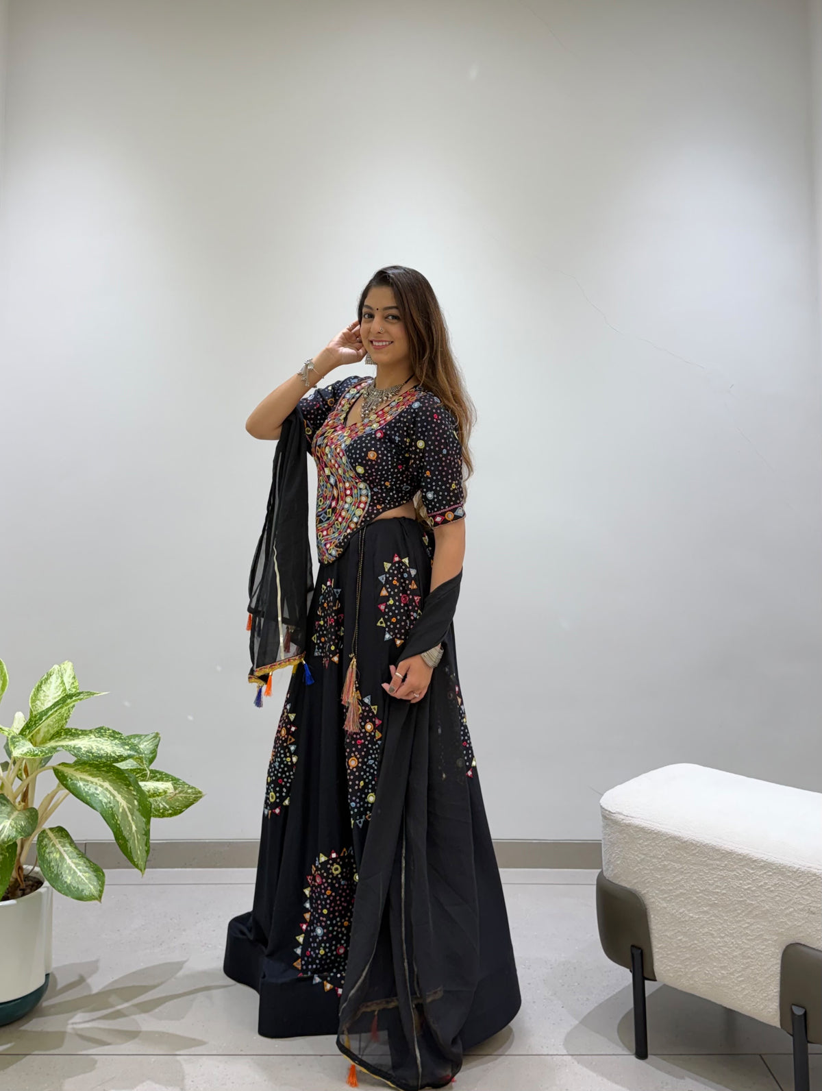 Black Rayon Mirror Work Chaniya Choli - side view