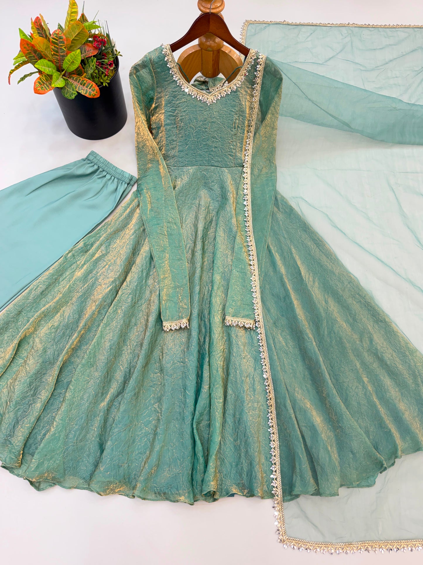 Fendi Silk Mirror Lace Anarkali Gown Set with Dupatta – Rakhi Special