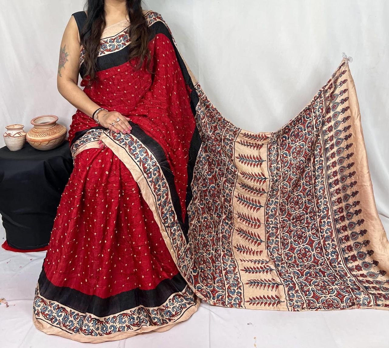 Pure Modal Silk Ajrakh Block Print with Bandhani Work Saree