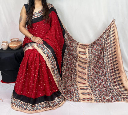 Pure Modal Silk Ajrakh Block Print with Bandhani Work Saree