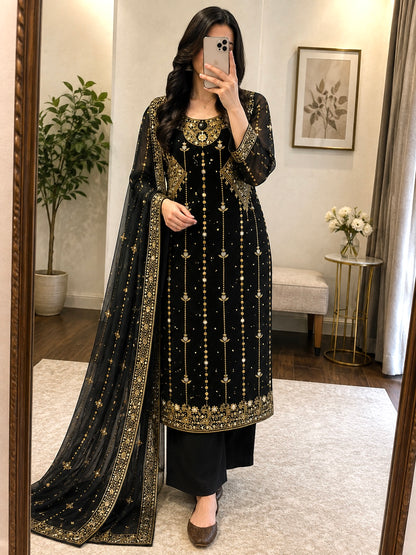 Faux Georgette Zari Embroidery Kurti Pant Dupatta Set