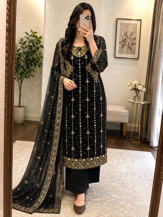 Faux Georgette Zari Embroidery Kurti Pant Dupatta Set