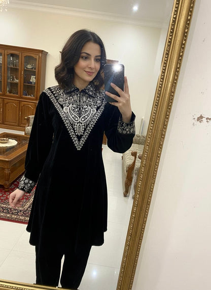 Neck Sequence Embroidery Work with Collar Velvet Cord Set