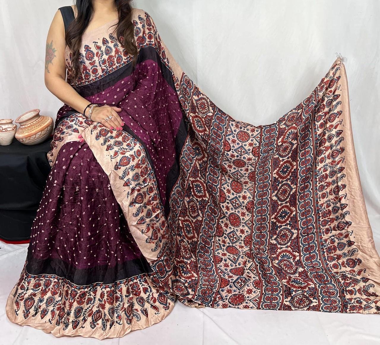 Pure Modal Silk Ajrakh Block Print with Bandhani Work Saree