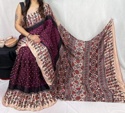 Pure Modal Silk Ajrakh Block Print with Bandhani Work Saree